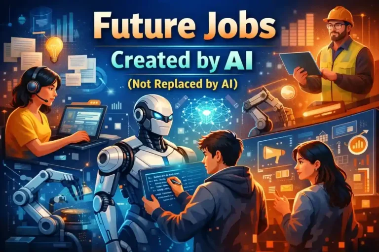Illustration showing professionals collaborating with AI robots and digital dashboards, highlighting future jobs created by AI not replaced by AI.