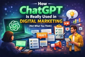 ChatGPT used in digital marketing workflows, showing content creation and strategy planning