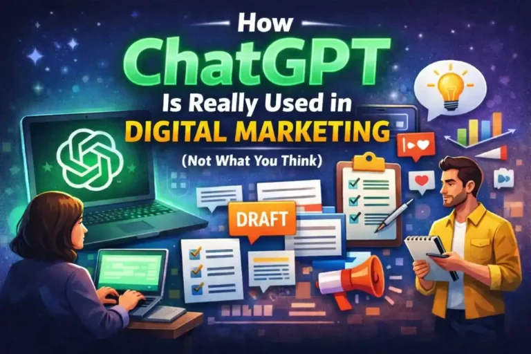 ChatGPT used in digital marketing workflows, showing content creation and strategy planning