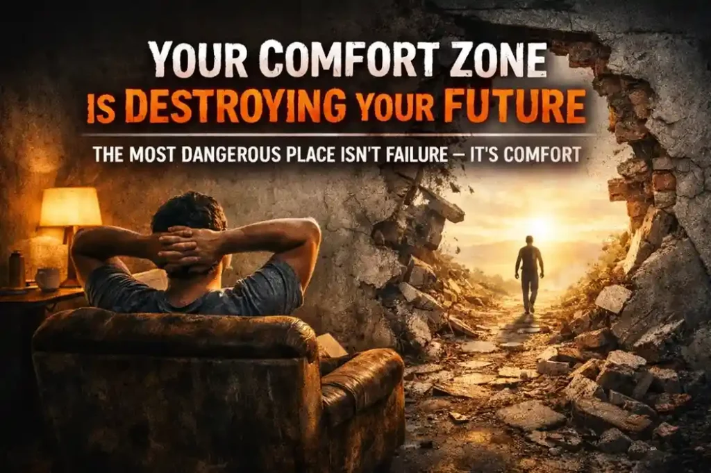 Your Comfort Zone Is Destroying Your Future 2 A man sitting in a chair inside a dark room while another version of him walks toward a bright future outside, symbolizing breaking out of the comfort zone