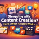 Struggling with content creation concept showing confused and confident creators with social media icons and growth elements