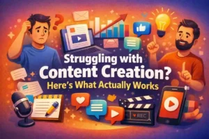 Struggling with content creation concept showing confused and confident creators with social media icons and growth elements