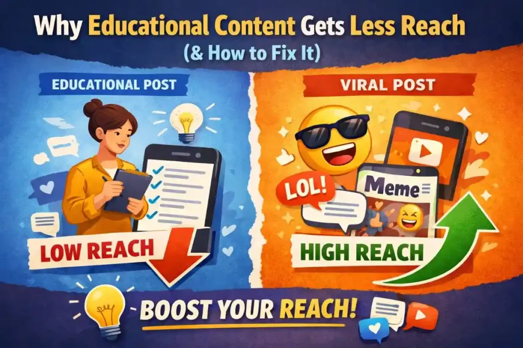 Why Educational Content Gets Less Reach (And How to Fix It) 1 Illustration comparing educational social media content with viral meme content showing low reach vs high reach.