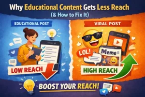 Illustration comparing educational social media content with viral meme content showing low reach vs high reach.