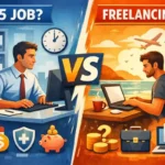 Freelancing vs 9–5 job comparison showing office worker and remote freelancer lifestyle