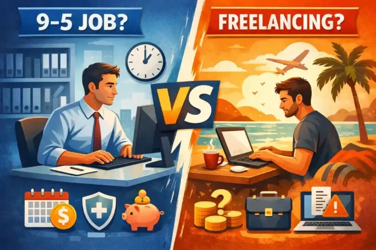 Freelancing vs 9–5 job comparison showing office worker and remote freelancer lifestyle