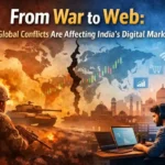 Global conflict and India’s digital market concept showing war scene on one side and digital business growth on the other.
