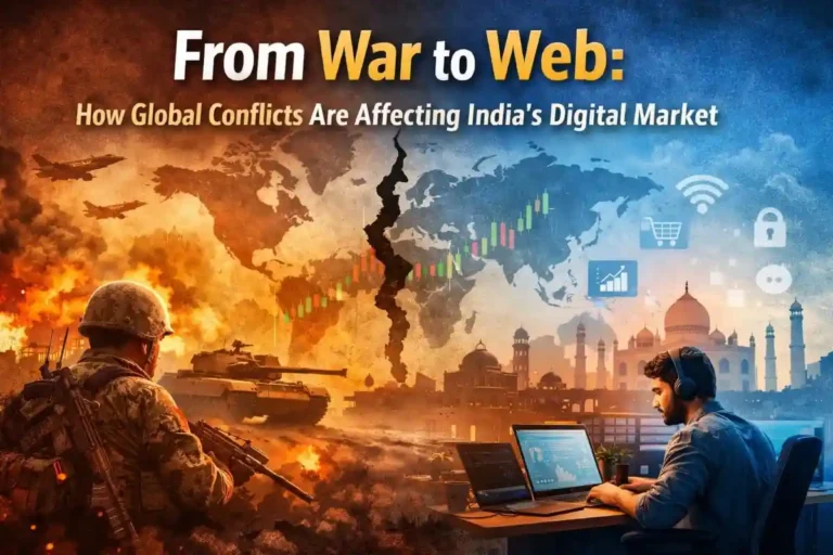 Global conflict and India’s digital market concept showing war scene on one side and digital business growth on the other.