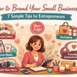 Female entrepreneur planning branding strategy with logo, brand colors, packaging, and social media icons illustrating small business branding tips.