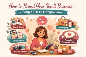 Female entrepreneur planning branding strategy with logo, brand colors, packaging, and social media icons illustrating small business branding tips.