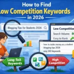 Low competition keywords research illustration showing blogging tips, long-tail keywords, and SEO strategy for beginners in 2026