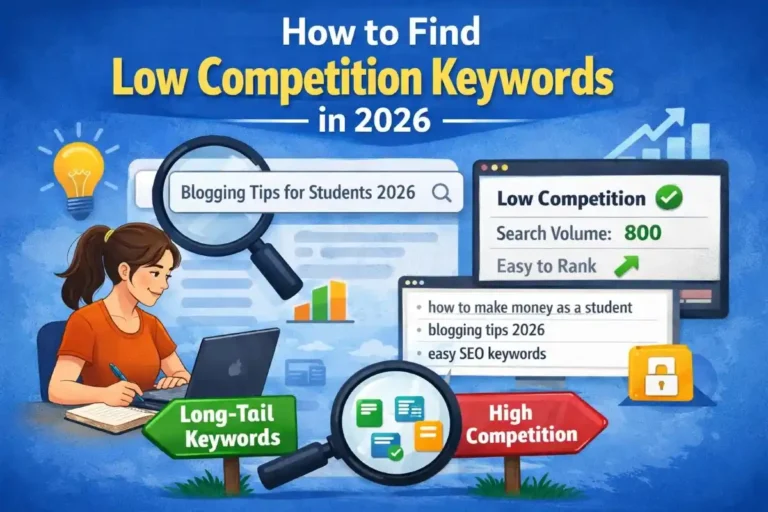 Low competition keywords research illustration showing blogging tips, long-tail keywords, and SEO strategy for beginners in 2026