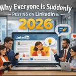 Why Everyone Is Suddenly Posting on LinkedIn in 2026 5 Professionals discussing and creating content on LinkedIn in a modern office workspace in 2026