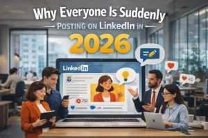 Professionals discussing and creating content on LinkedIn in a modern office workspace in 2026