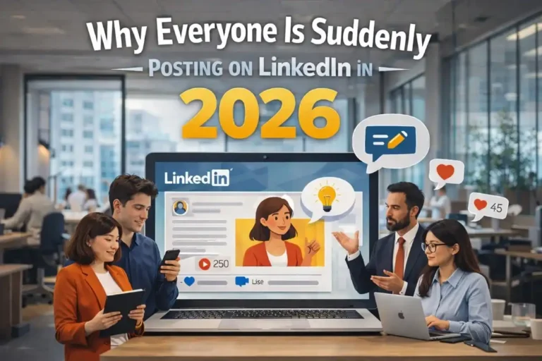 Professionals discussing and creating content on LinkedIn in a modern office workspace in 2026