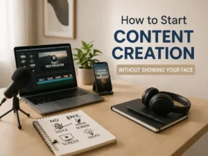 Minimal workspace setup with laptop, microphone, and notebook representing faceless content creation setup