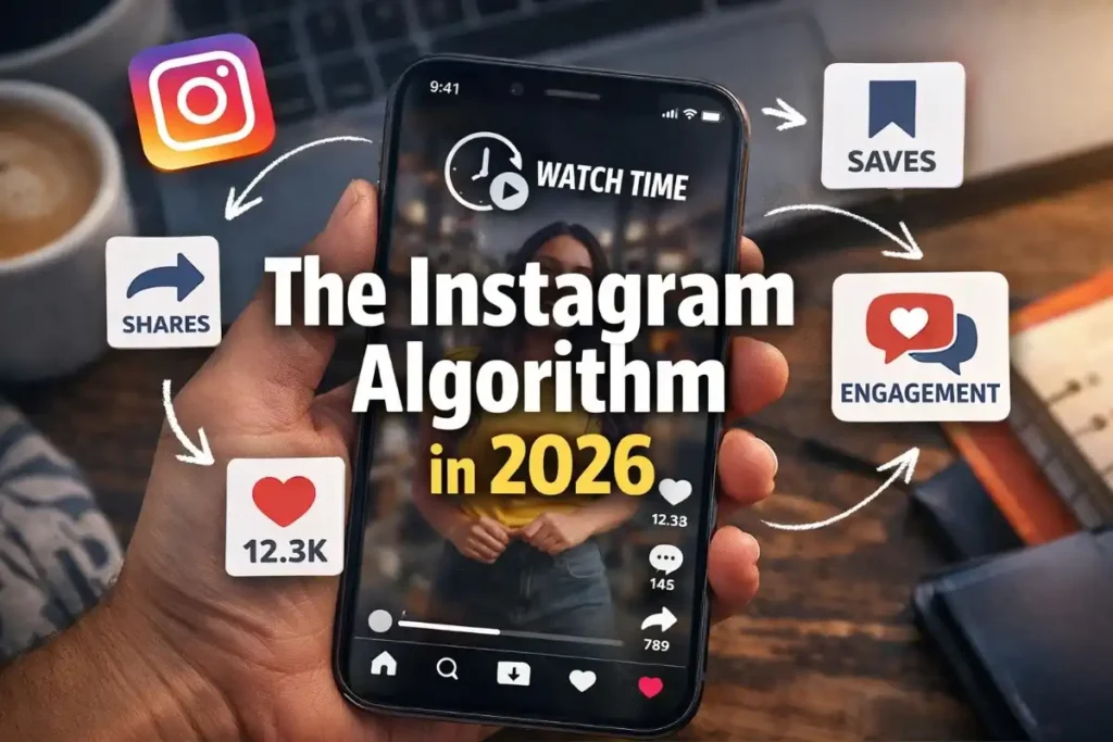 Instagram algorithm in 2026 concept showing watch time, saves, shares, and engagement around a smartphone displaying an Instagram reel.