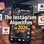 Instagram Algorithm 2026: What Actually Matters for Reach and Engagement 6 Instagram algorithm in 2026 concept showing watch time, saves, shares, and engagement around a smartphone displaying an Instagram reel.