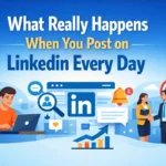 What Really Happens When You Post on LinkedIn Every Day 7 Person posting content on LinkedIn daily with engagement icons, networking symbols, and professional growth illustration.