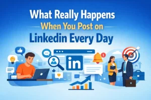 Person posting content on LinkedIn daily with engagement icons, networking symbols, and professional growth illustration.