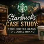 Starbucks case study image showing transformation from coffee beans to a global brand with café stores and premium experience