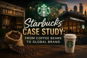 Starbucks case study image showing transformation from coffee beans to a global brand with café stores and premium experience