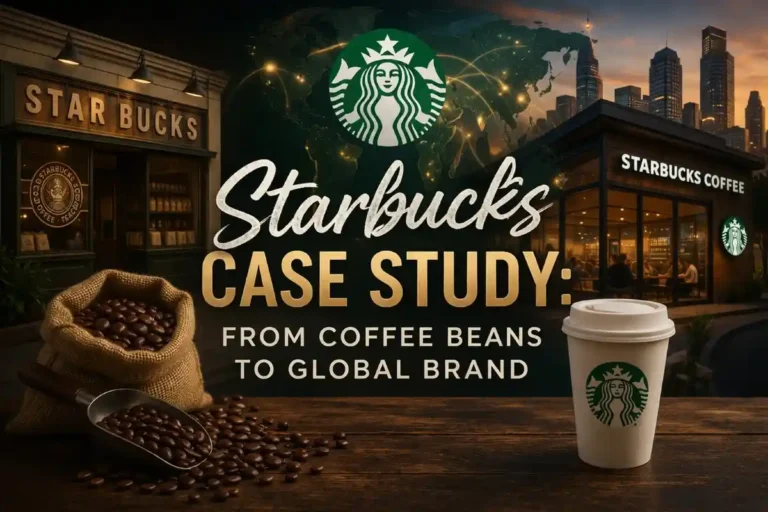 Starbucks case study image showing transformation from coffee beans to a global brand with café stores and premium experience
