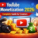 YouTube Monetization 2026: Complete Guide for Creators 1 Illustration showing YouTube monetization with money icons, camera, and laptop representing earning from YouTube videos