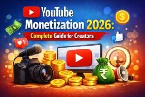 Illustration showing YouTube monetization with money icons, camera, and laptop representing earning from YouTube videos