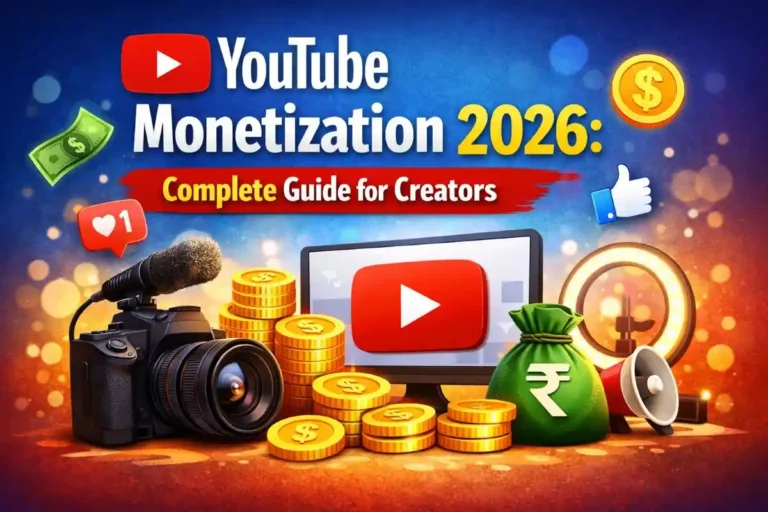 Illustration showing YouTube monetization with money icons, camera, and laptop representing earning from YouTube videos